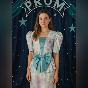 Vintage 80s Leslie Lucks Dress Pastel floral BIG Aqua bow Puff Sleeves Sz 10